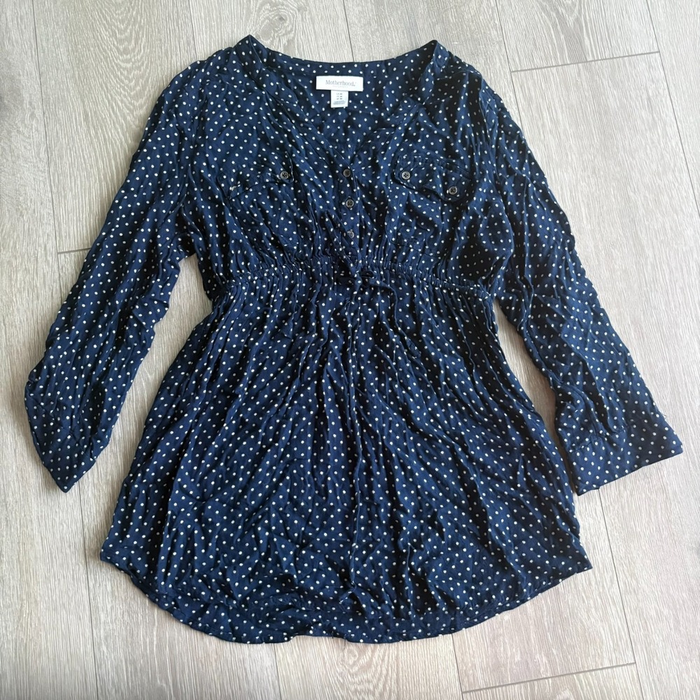 Motherhood Maternity Womens Navy Blue Roll Tab Sleeve Polka Dot Tunic Top Size M